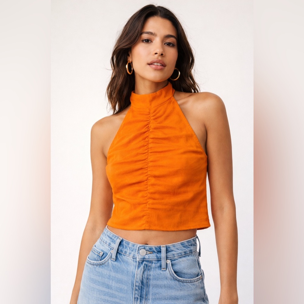 STAUD Orange Halter Ruched Crop Top